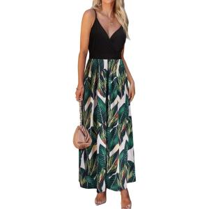 imageVOTEPRETTY Womens V Neck Wrap Spaghetti Strap Summer Casual Beach Floral Pockets Maxi DressFloralb