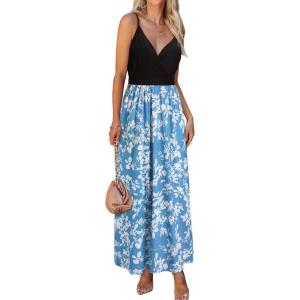 imageVOTEPRETTY Womens V Neck Wrap Spaghetti Strap Summer Casual Beach Floral Pockets Maxi DressFlorald