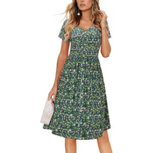 imageVOTEPRETTY Womens Short Sleeve V Neck Sundress Summer Casual Button Floral Dress with PocketsAfloral29