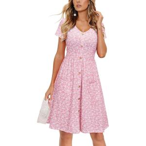 imageVOTEPRETTY Womens Short Sleeve V Neck Sundress Summer Casual Button Floral Dress with PocketsAfloral32