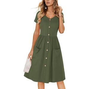 imageVOTEPRETTY Womens Short Sleeve V Neck Sundress Summer Casual Button Floral Dress with PocketsArmy Green