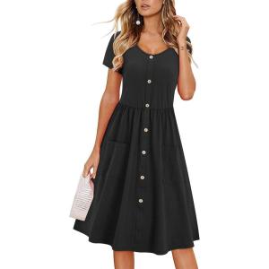 imageVOTEPRETTY Womens Short Sleeve V Neck Sundress Summer Casual Button Floral Dress with PocketsBlack