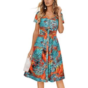 imageVOTEPRETTY Womens Short Sleeve V Neck Sundress Summer Casual Button Floral Dress with PocketsBlue Floral Orange