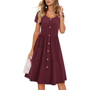imageVOTEPRETTY Womens Short Sleeve V Neck Sundress Summer Casual Button Floral Dress with PocketsDark Red