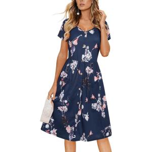 imageVOTEPRETTY Womens Short Sleeve V Neck Sundress Summer Casual Button Floral Dress with PocketsDarkblue Floral White