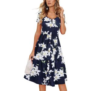 imageVOTEPRETTY Womens Short Sleeve V Neck Sundress Summer Casual Button Floral Dress with PocketsFloral01