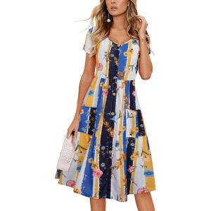imageVOTEPRETTY Womens Short Sleeve V Neck Sundress Summer Casual Button Floral Dress with PocketsFloral04