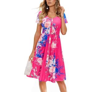 imageVOTEPRETTY Womens Short Sleeve V Neck Sundress Summer Casual Button Floral Dress with PocketsFloral20