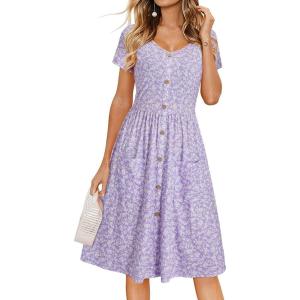 imageVOTEPRETTY Womens Short Sleeve V Neck Sundress Summer Casual Button Floral Dress with PocketsFloral37