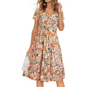imageVOTEPRETTY Womens Short Sleeve V Neck Sundress Summer Casual Button Floral Dress with PocketsFloral41
