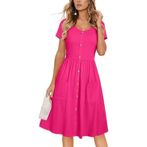 imageVOTEPRETTY Womens Short Sleeve V Neck Sundress Summer Casual Button Floral Dress with PocketsHot Pink