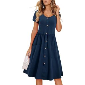 imageVOTEPRETTY Womens Short Sleeve V Neck Sundress Summer Casual Button Floral Dress with PocketsNavy