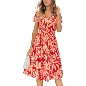 imageVOTEPRETTY Womens Short Sleeve V Neck Sundress Summer Casual Button Floral Dress with PocketsRed Floral Yellow