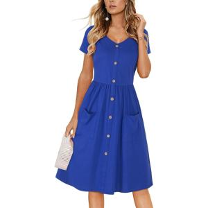 imageVOTEPRETTY Womens Short Sleeve V Neck Sundress Summer Casual Button Floral Dress with PocketsRoyal Blue