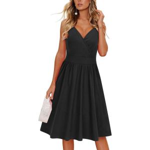 imageVOTEPRETTY Womens V Neck Floral Spaghetti Strap Sundress Casual Summer Party Swing Dress with PocketBlack