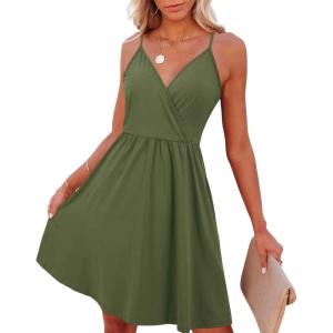 imageVOTEPRETTY Womens VNeck Spaghetti Strap Dress Summer Casual Swing Sundress with PocketsArmy Green