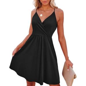 imageVOTEPRETTY Womens VNeck Spaghetti Strap Dress Summer Casual Swing Sundress with PocketsBlack