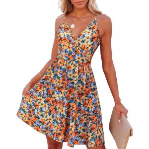 imageVOTEPRETTY Womens VNeck Spaghetti Strap Dress Summer Casual Swing Sundress with PocketsBlue Floral Yellow