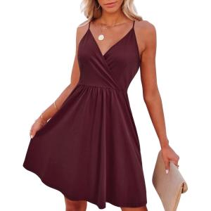 imageVOTEPRETTY Womens VNeck Spaghetti Strap Dress Summer Casual Swing Sundress with PocketsDark Red