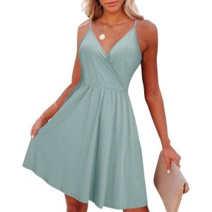 imageVOTEPRETTY Womens VNeck Spaghetti Strap Dress Summer Casual Swing Sundress with PocketsGrey Green