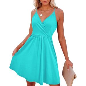 imageVOTEPRETTY Womens VNeck Spaghetti Strap Dress Summer Casual Swing Sundress with PocketsLight Green