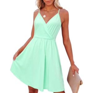 imageVOTEPRETTY Womens VNeck Spaghetti Strap Dress Summer Casual Swing Sundress with PocketsLight Green2