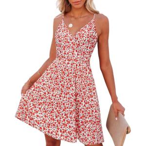 imageVOTEPRETTY Womens VNeck Spaghetti Strap Dress Summer Casual Swing Sundress with PocketsLittle Red Floral