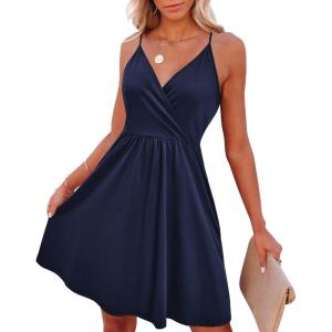 imageVOTEPRETTY Womens VNeck Spaghetti Strap Dress Summer Casual Swing Sundress with PocketsNavy