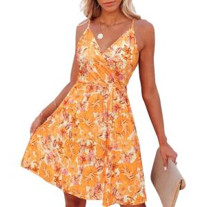 imageVOTEPRETTY Womens VNeck Spaghetti Strap Dress Summer Casual Swing Sundress with PocketsOrange Floral