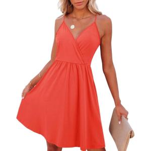imageVOTEPRETTY Womens VNeck Spaghetti Strap Dress Summer Casual Swing Sundress with PocketsOrange Red