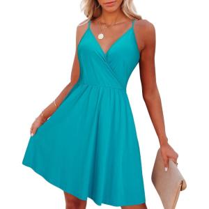 imageVOTEPRETTY Womens VNeck Spaghetti Strap Dress Summer Casual Swing Sundress with PocketsPeacock Blue