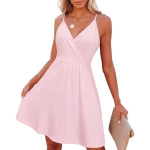 imageVOTEPRETTY Womens VNeck Spaghetti Strap Dress Summer Casual Swing Sundress with PocketsPink