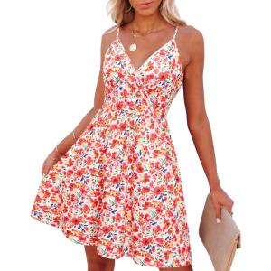 imageVOTEPRETTY Womens VNeck Spaghetti Strap Dress Summer Casual Swing Sundress with PocketsWhite Floral Pink