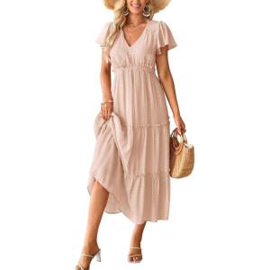 imageVOTEPRETTY Womens 2025 Summer Boho Maxi Dresses Flutter Short Sleeve V Neck Casual Beach Wedding Guest Vacation Long DressDark Apricot
