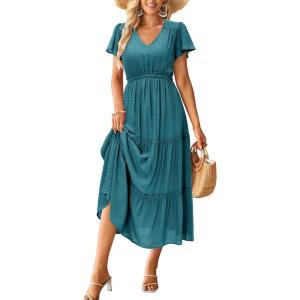 imageVOTEPRETTY Womens 2025 Summer Boho Maxi Dresses Flutter Short Sleeve V Neck Casual Beach Wedding Guest Vacation Long DressGreen