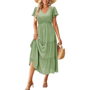 imageVOTEPRETTY Womens 2025 Summer Boho Maxi Dresses Flutter Short Sleeve V Neck Casual Beach Wedding Guest Vacation Long DressGreen02