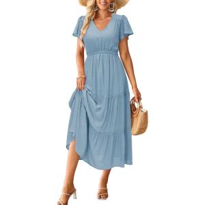 imageVOTEPRETTY Womens 2025 Summer Boho Maxi Dresses Flutter Short Sleeve V Neck Casual Beach Wedding Guest Vacation Long DressLight Blue