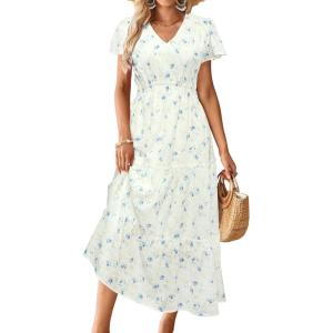 imageVOTEPRETTY Womens 2025 Summer Boho Maxi Dresses Flutter Short Sleeve V Neck Casual Beach Wedding Guest Vacation Long DressWhite Blue Rose Floral