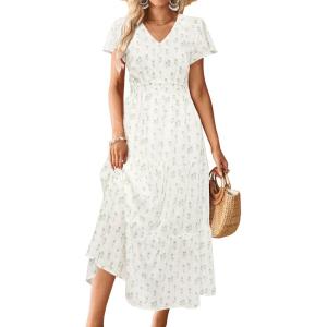imageVOTEPRETTY Womens 2025 Summer Boho Maxi Dresses Flutter Short Sleeve V Neck Casual Beach Wedding Guest Vacation Long DressWhite Green Rose Floral