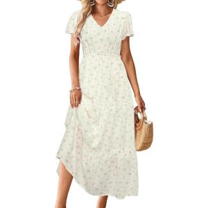 imageVOTEPRETTY Womens 2025 Summer Boho Maxi Dresses Flutter Short Sleeve V Neck Casual Beach Wedding Guest Vacation Long DressWhite Pink Rose Floral