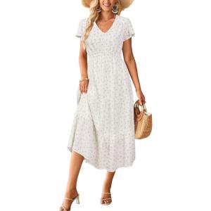 imageVOTEPRETTY Womens 2025 Summer Boho Maxi Dresses Flutter Short Sleeve V Neck Casual Beach Wedding Guest Vacation Long DressWhite Purple Floral