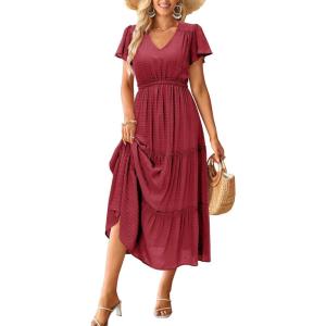 imageVOTEPRETTY Womens 2025 Summer Boho Maxi Dresses Flutter Short Sleeve V Neck Casual Beach Wedding Guest Vacation Long DressWine