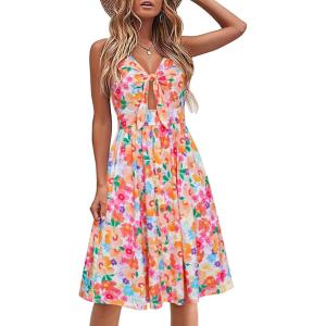 imageVOTEPRETTY Womens Summer Dresses Spring Sundresses Beach Clothes Outfit Vacation 2024 V Neck Casual Tropical Resort HawaiianColorful Small Leaf